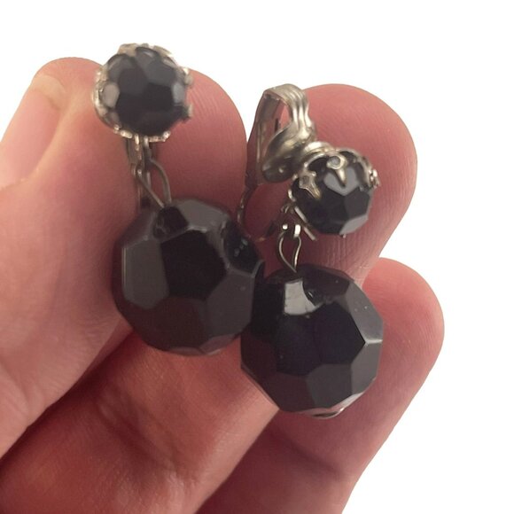 Western Germany Vintage Black Faceted Glass Clip-On Earrings 1950s - Picture 4 of 7